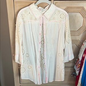 Workshop Republic Clothing White Eyelet Button-Down with Pink Trim